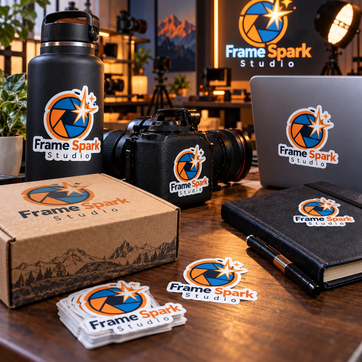 Frame Spark Studio fictional example storefront with custom lettering and stickers