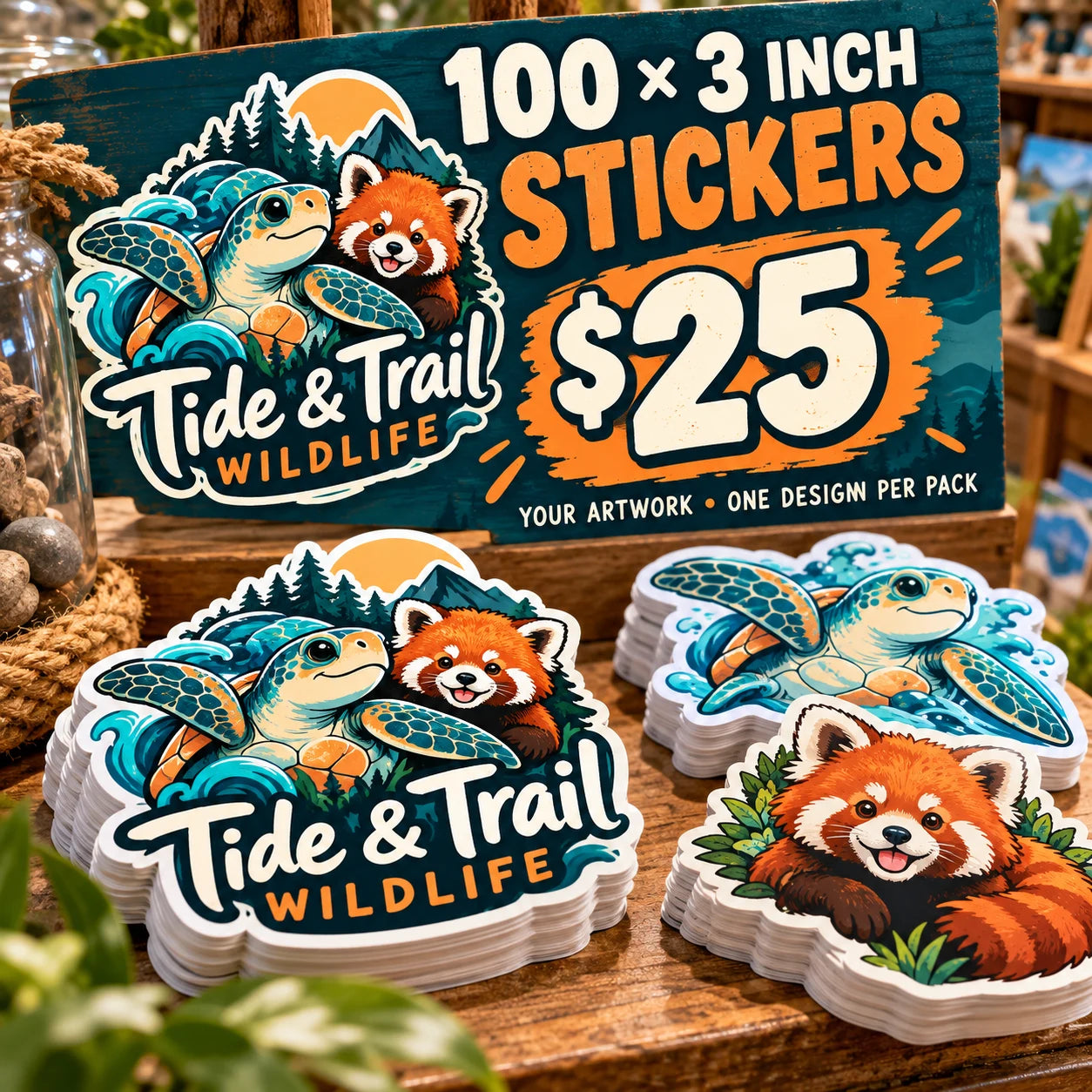 Tide & Trail Wildlife fictional example: 100 custom 3 inch stickers for $25
