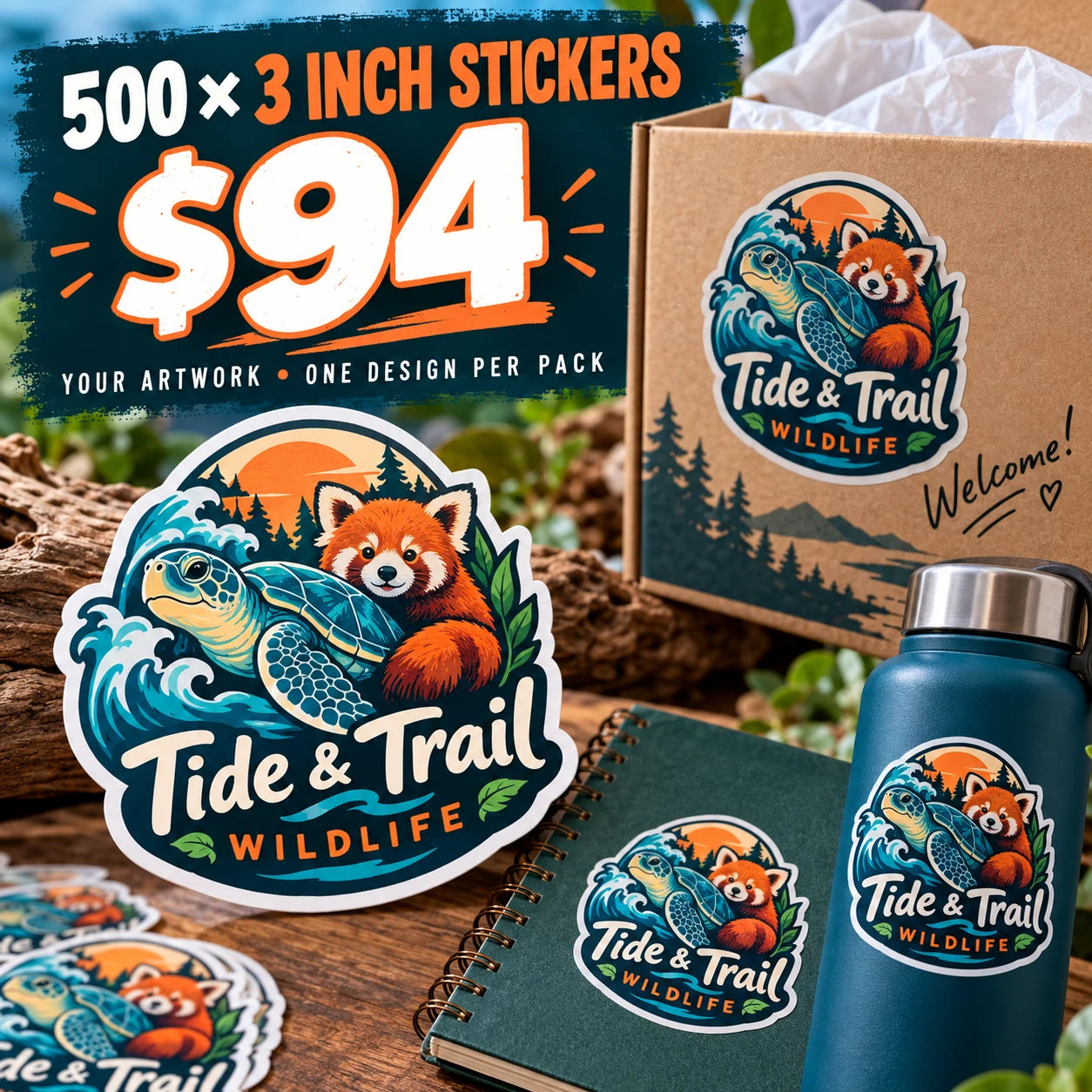Tide & Trail Wildlife fictional example: 500 custom 3 inch stickers for $94
