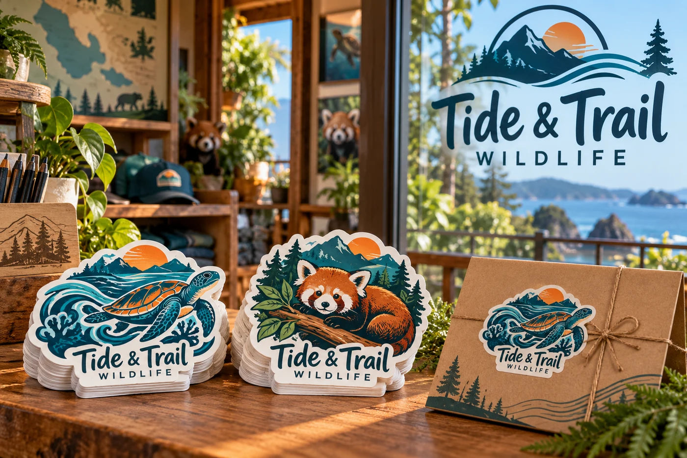 Tide & Trail Wildlife fictional example storefront with custom lettering and stickers