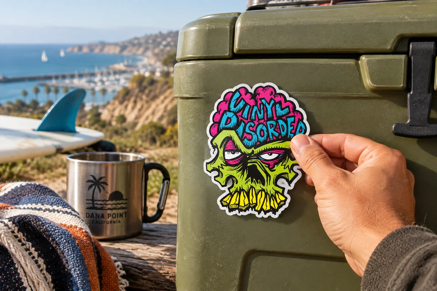 How to install a sticker- Vinyl Sticker — illustrative branded coastal scene