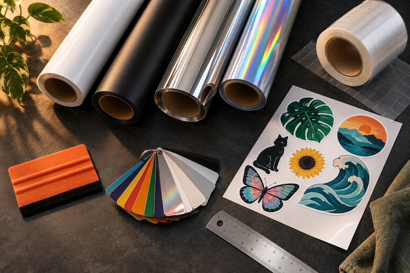 Vinyl rolls, colorful sticker samples and application tools — illustrative creative scene