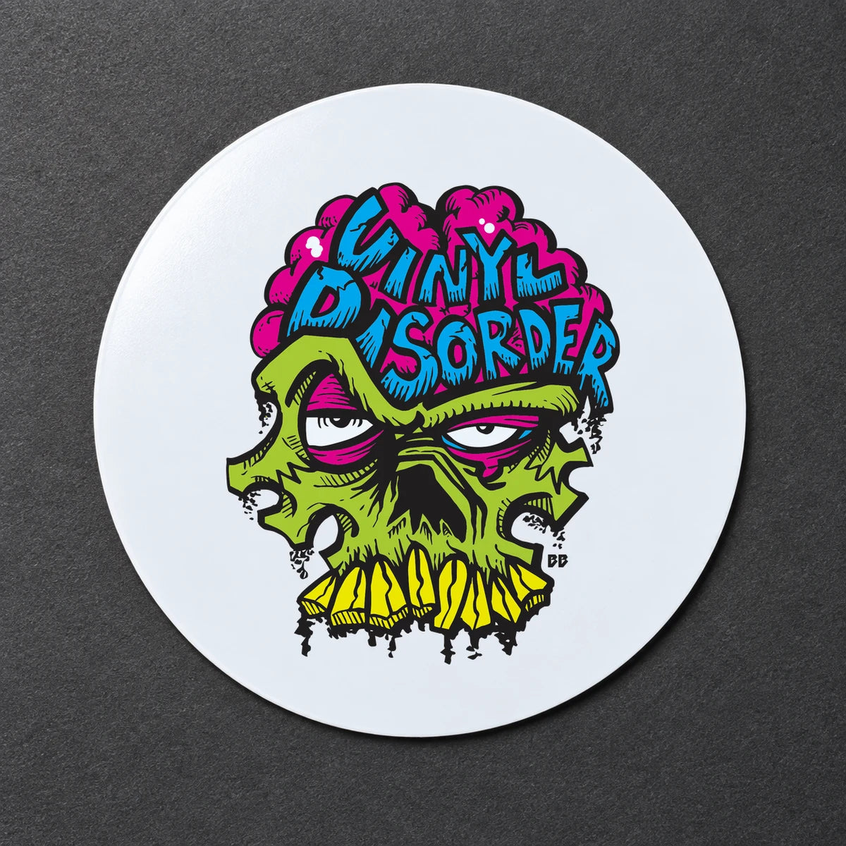 Reference-based render of the authentic Vinyl Disorder skull printed on Satin.