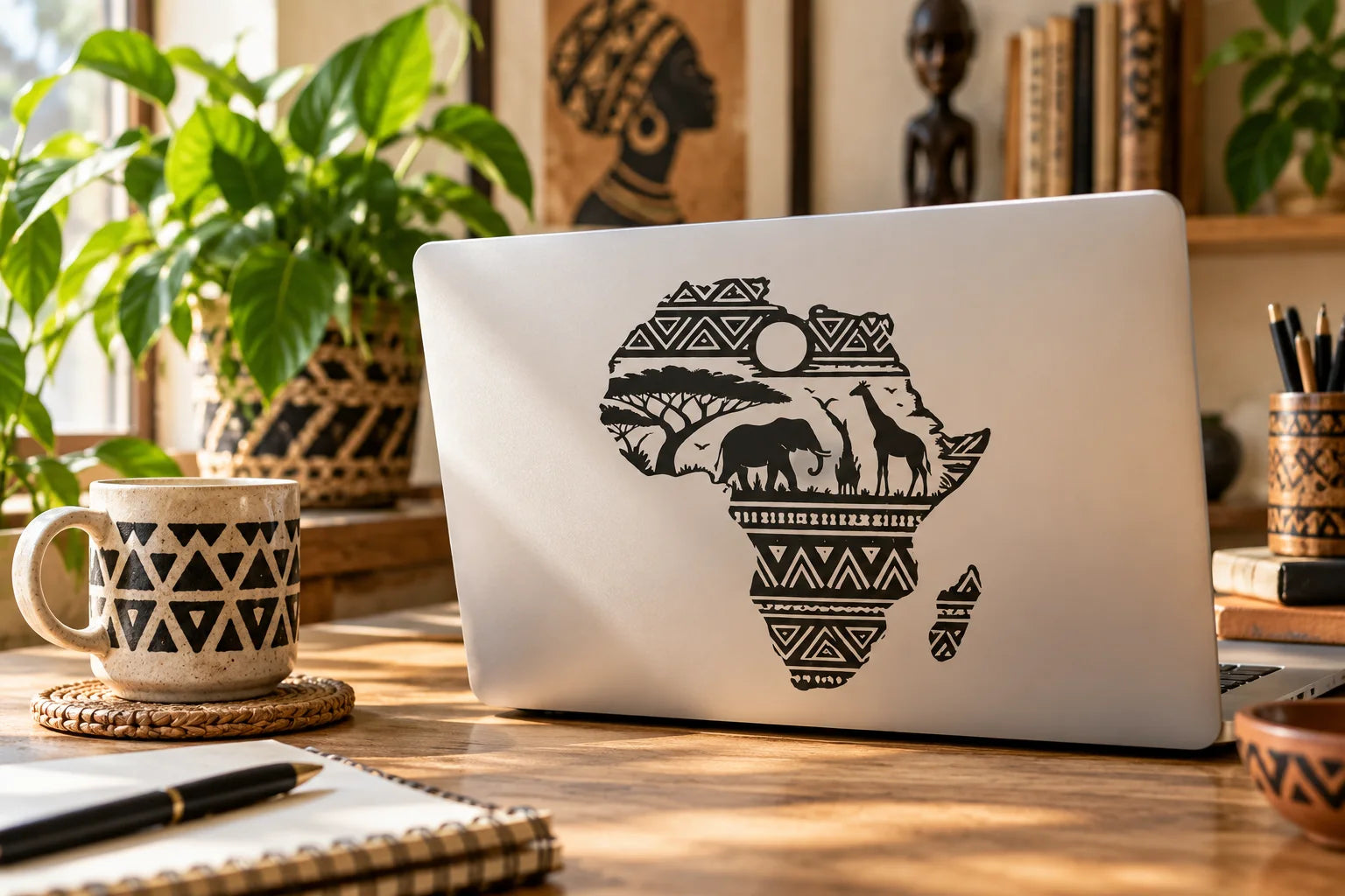 Illustrative African Art Decals vinyl application in a realistic separate close-up lifestyle scene.