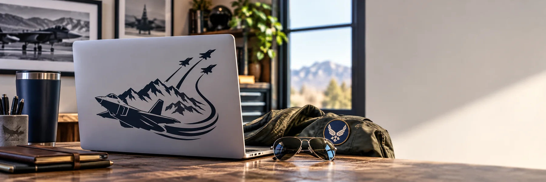 Illustrative Air Force Decals vinyl application in a realistic panoramic lifestyle scene.
