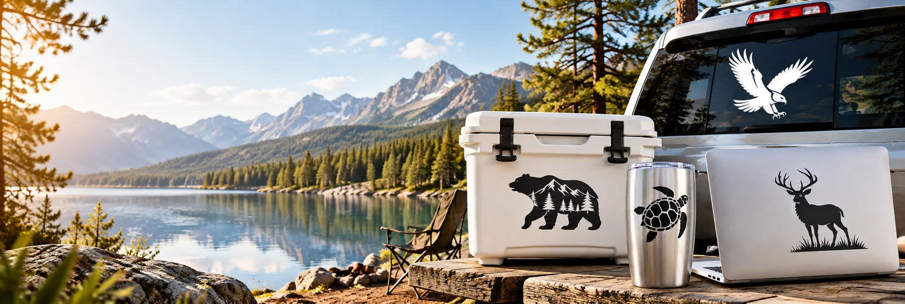 Illustrative animal decals vinyl applications in a realistic lifestyle scene.
