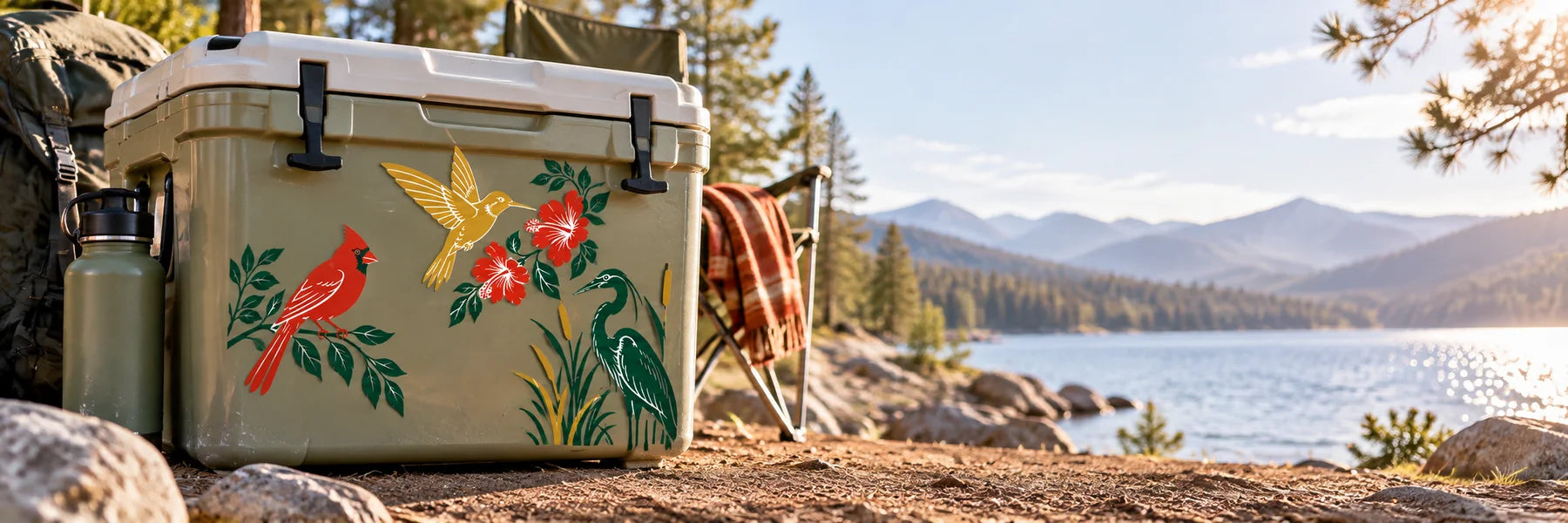 Illustrative Bird Decals vinyl application in a realistic panoramic lifestyle scene.