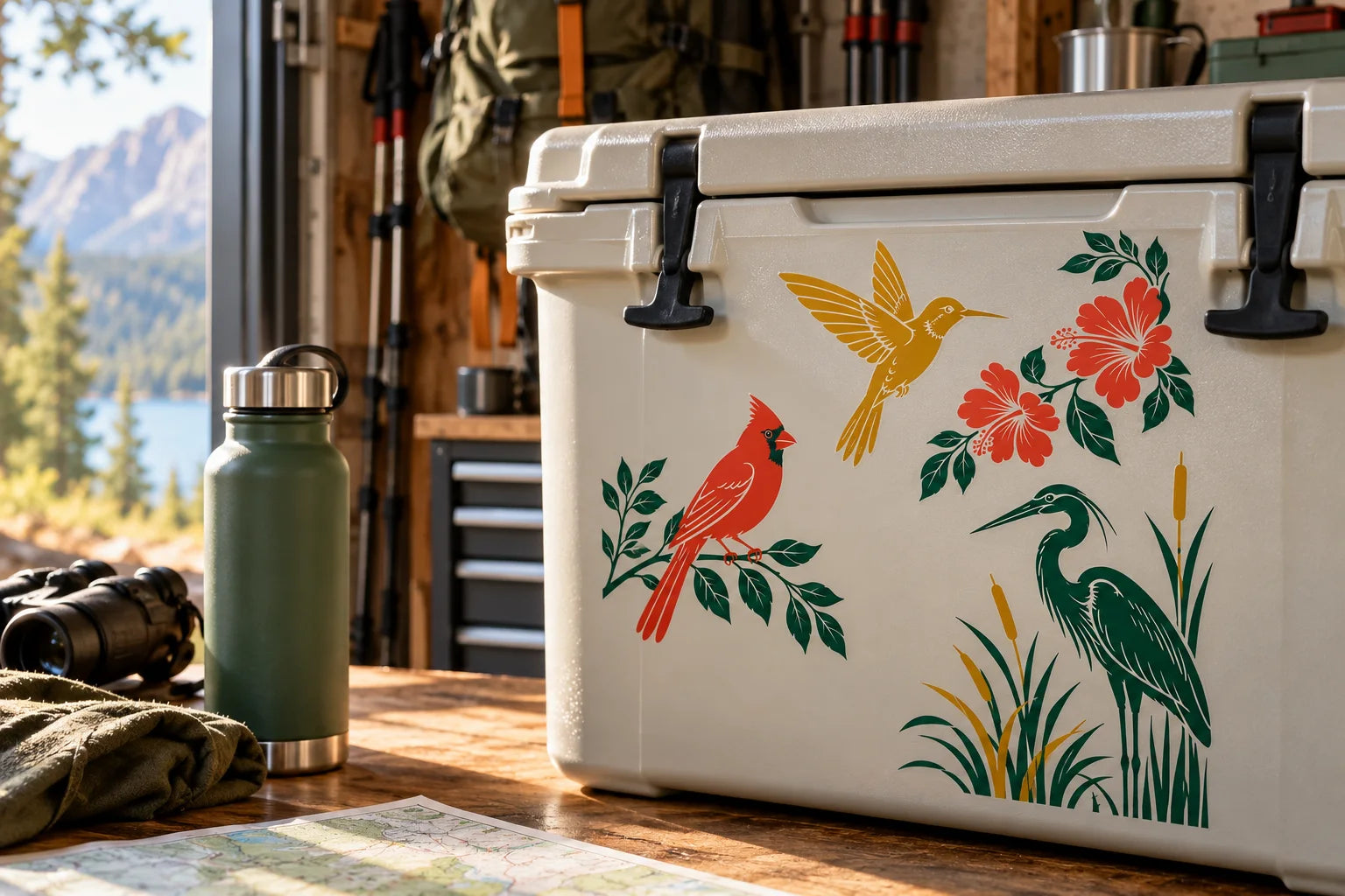 Illustrative Bird Decals vinyl application in a realistic separate close-up lifestyle scene.