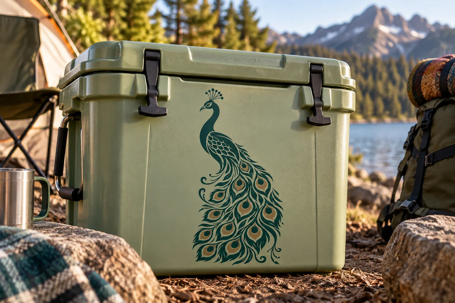 Illustrative Peacock Decals vinyl application in a realistic separate close-up lifestyle scene.