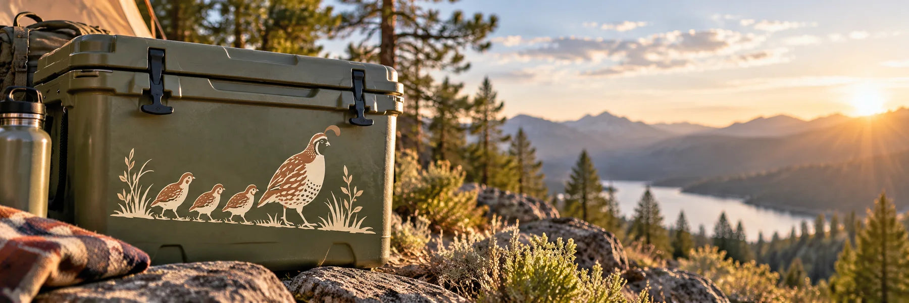 Illustrative Quail Decals vinyl application in a realistic panoramic lifestyle scene.