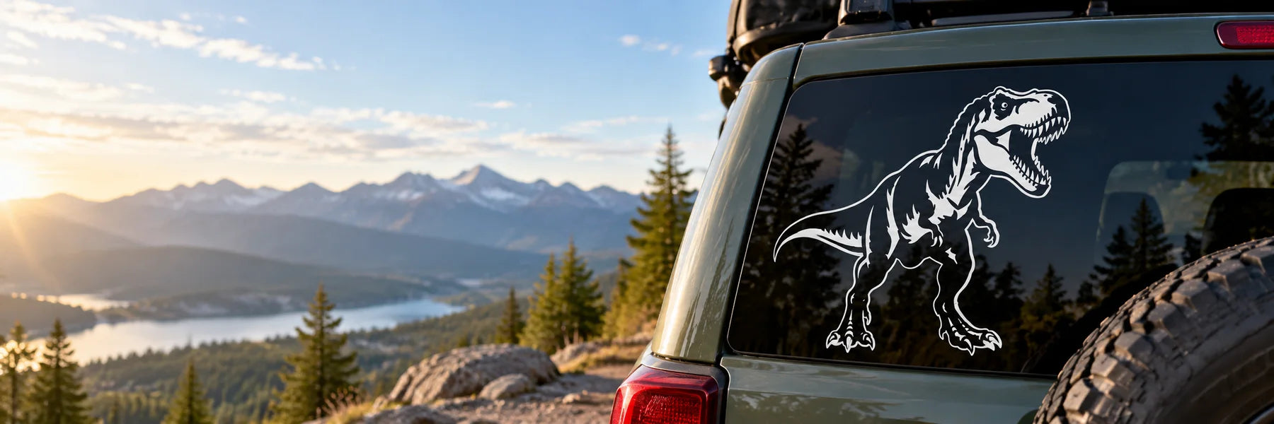 Illustrative Dinosaur Decals and Stickers vinyl application in a realistic panoramic lifestyle scene.