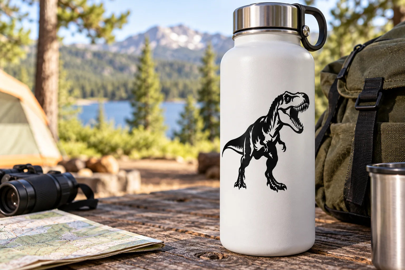 Illustrative Dinosaur Decals and Stickers vinyl application in a realistic separate close-up lifestyle scene.