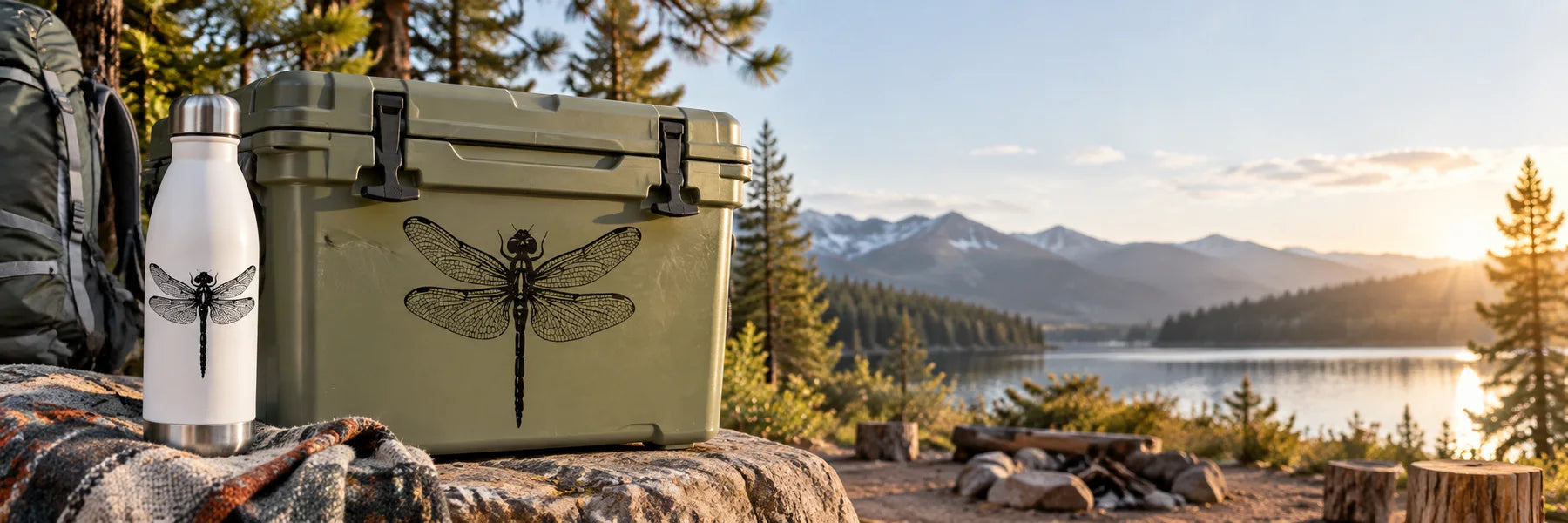 Illustrative Dragonfly Decals vinyl application in a realistic panoramic lifestyle scene.