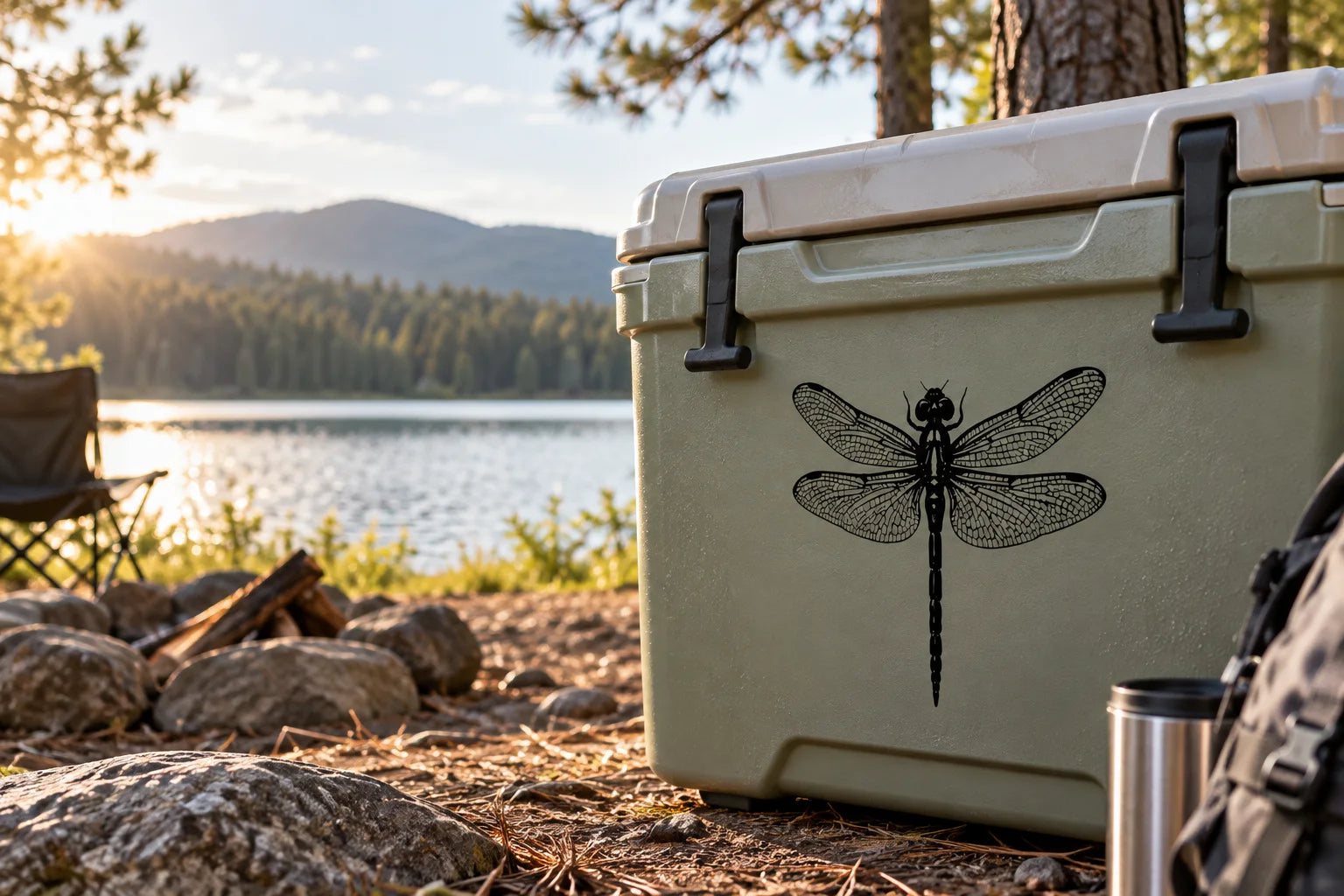 Illustrative Dragonfly Decals vinyl application in a realistic separate close-up lifestyle scene.