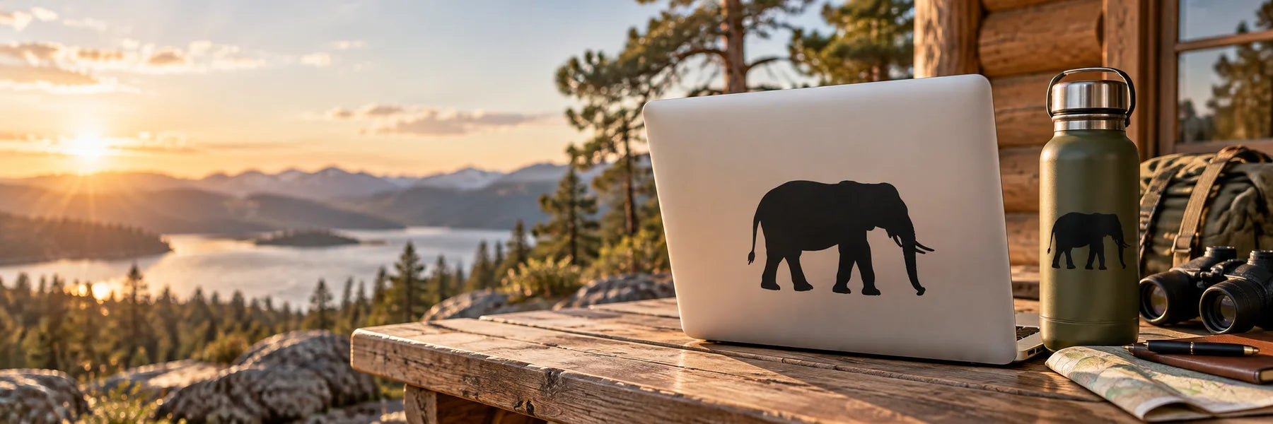 Illustrative Elephant Decals vinyl application in a realistic panoramic lifestyle scene.