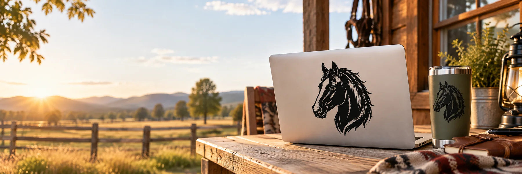 Illustrative Horse Decals vinyl application in a realistic panoramic lifestyle scene.
