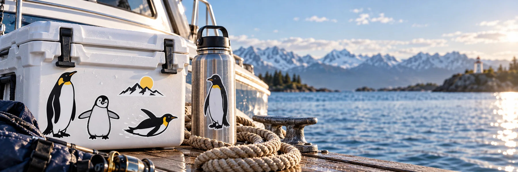 Illustrative Penguin Decals vinyl application in a realistic panoramic lifestyle scene.