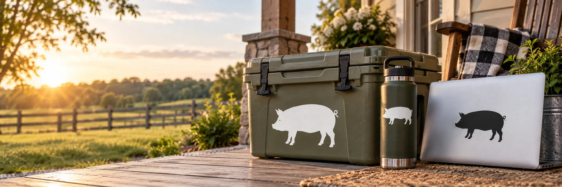 Illustrative Pig Decals vinyl application in a realistic panoramic lifestyle scene.