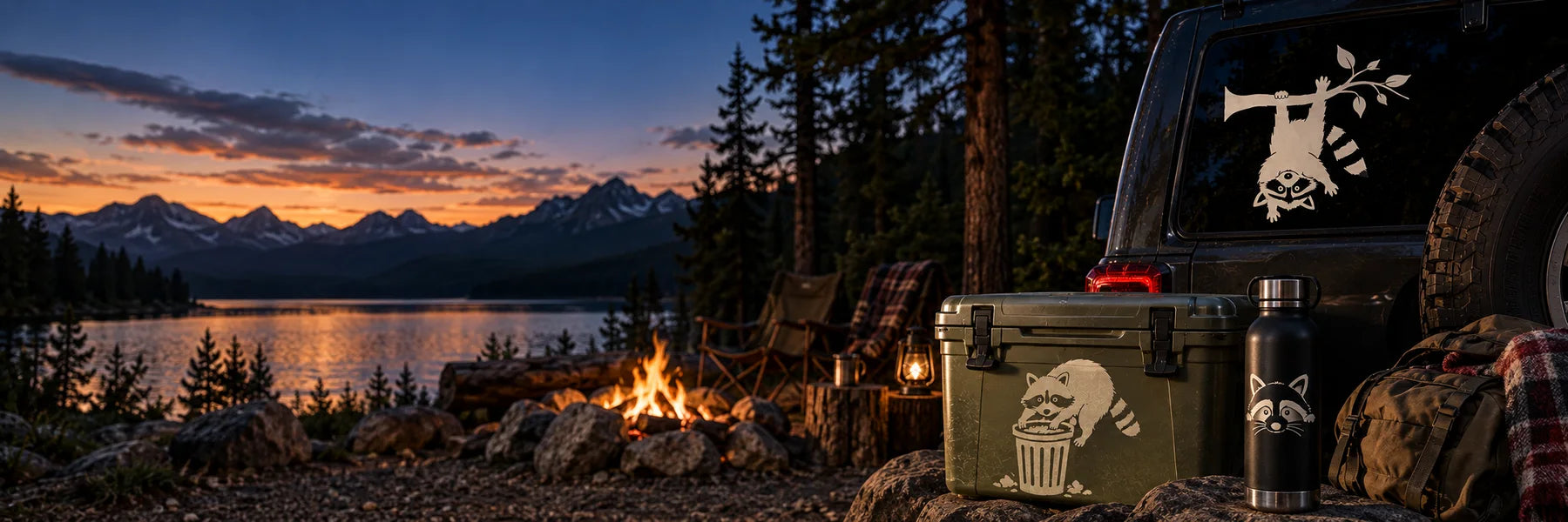 Illustrative Raccoon Decals vinyl application in a realistic panoramic lifestyle scene.