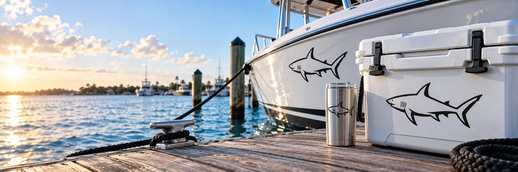 Illustrative Shark Decals vinyl application in a realistic panoramic lifestyle scene.