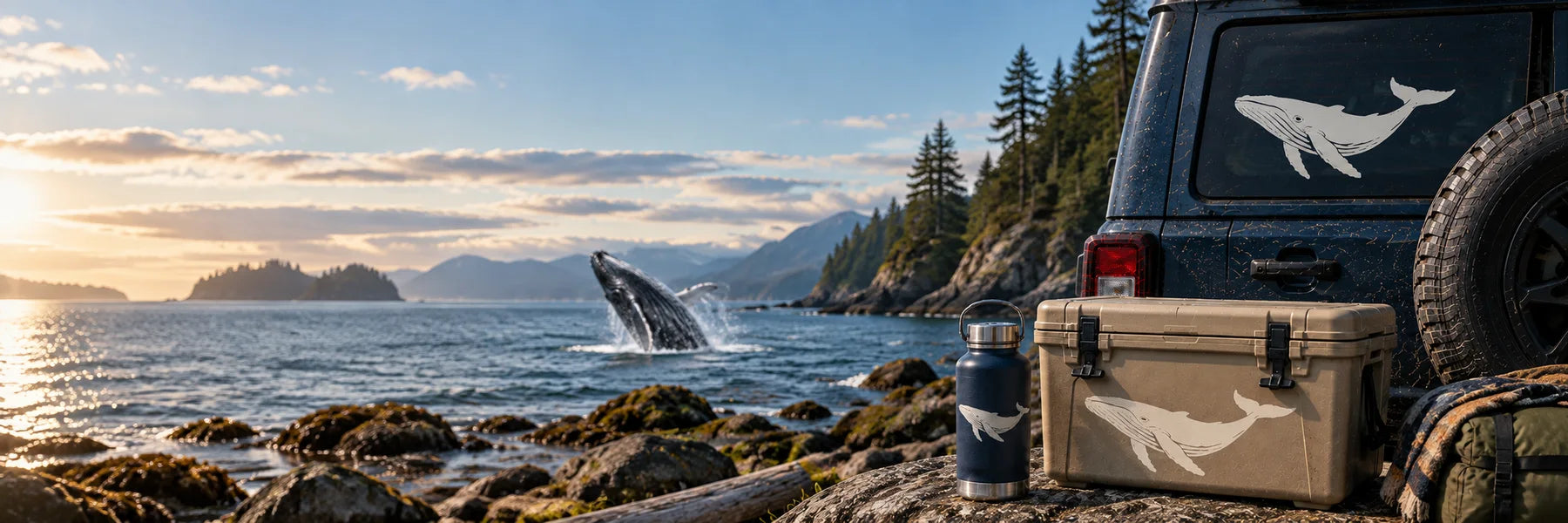 Illustrative Whale Decals vinyl application in a realistic panoramic lifestyle scene.