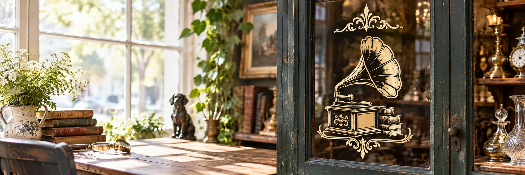 Illustrative Antiques Decals vinyl application in a realistic panoramic lifestyle scene.