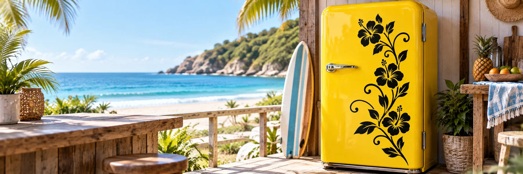 Illustrative Refrigerator Decal Decals vinyl application in a realistic panoramic lifestyle scene.