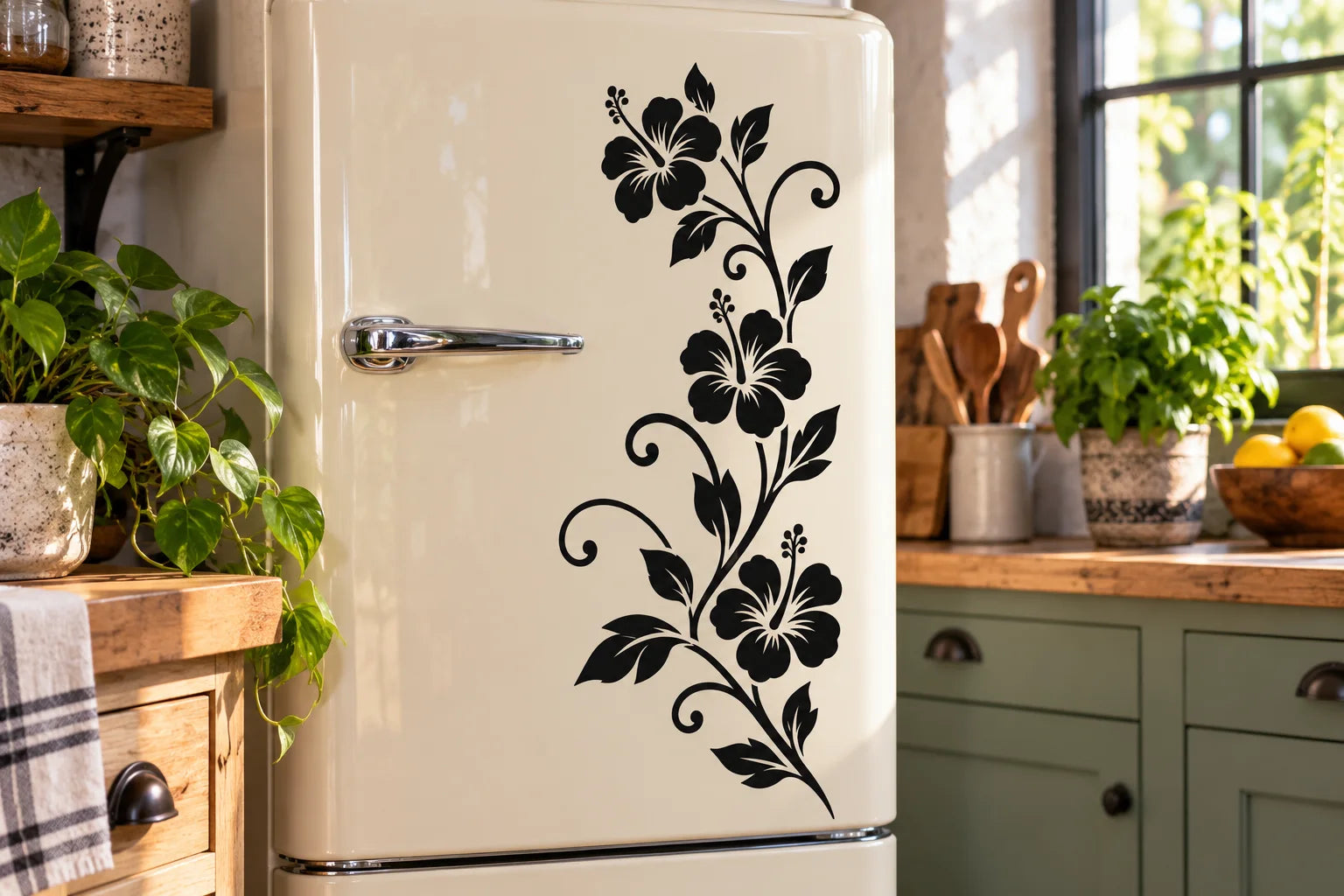 Illustrative Refrigerator Decal Decals vinyl application in a realistic separate close-up lifestyle scene.