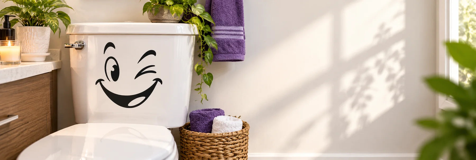 Illustrative Toilet Decal Decals vinyl application in a realistic panoramic lifestyle scene.