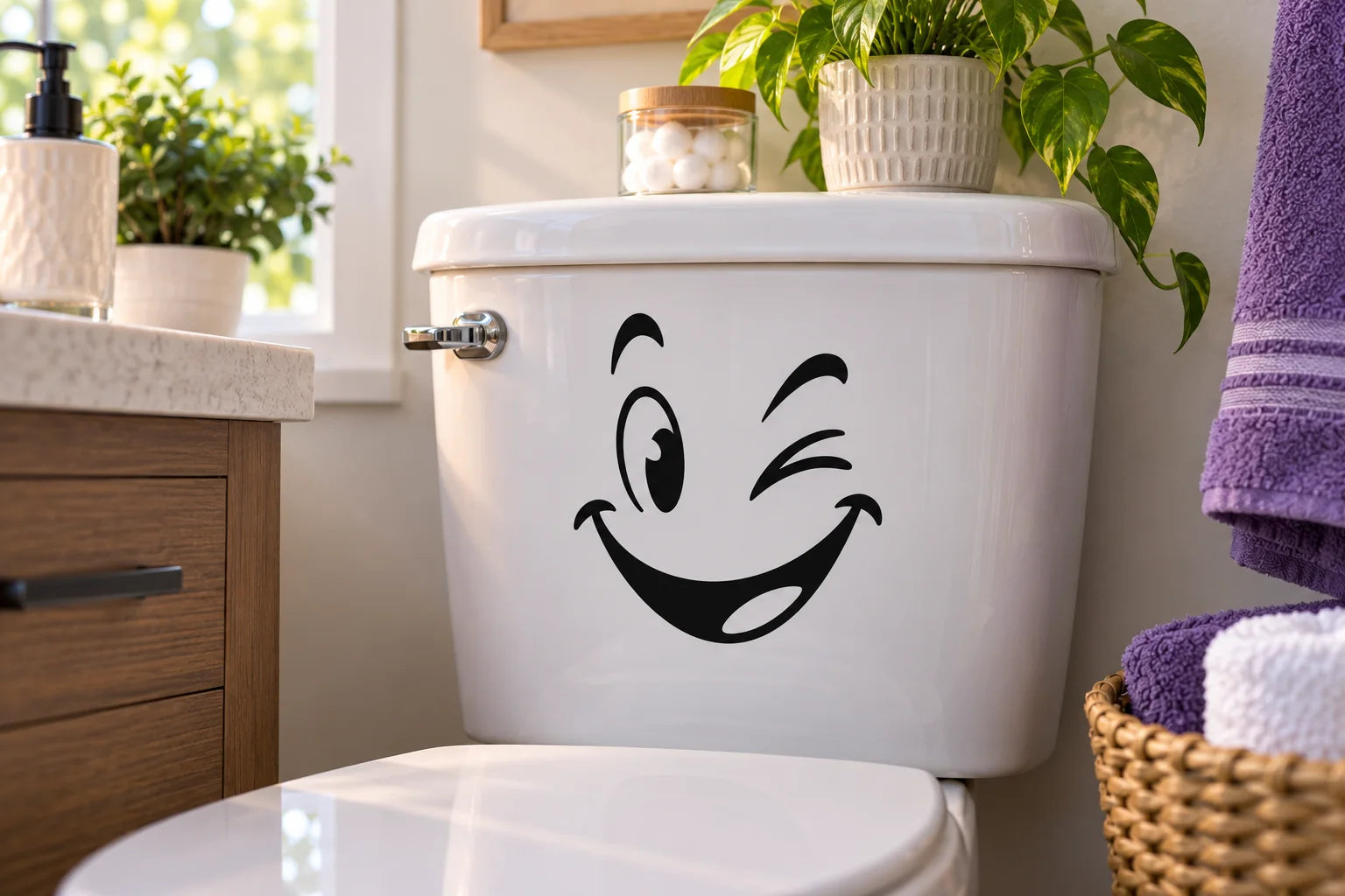 Illustrative Toilet Decal Decals vinyl application in a realistic separate close-up lifestyle scene.