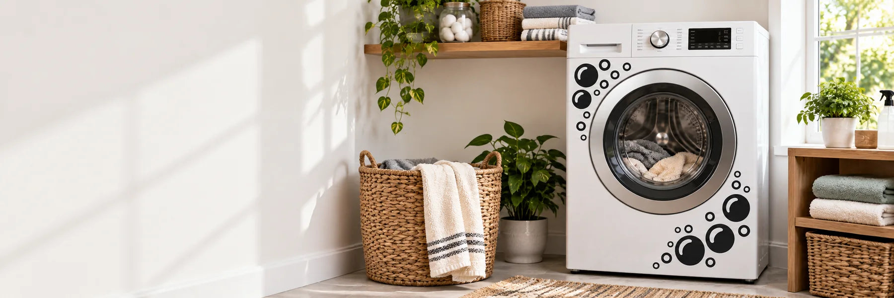 Illustrative Washing Machine Decals vinyl application in a realistic panoramic lifestyle scene.
