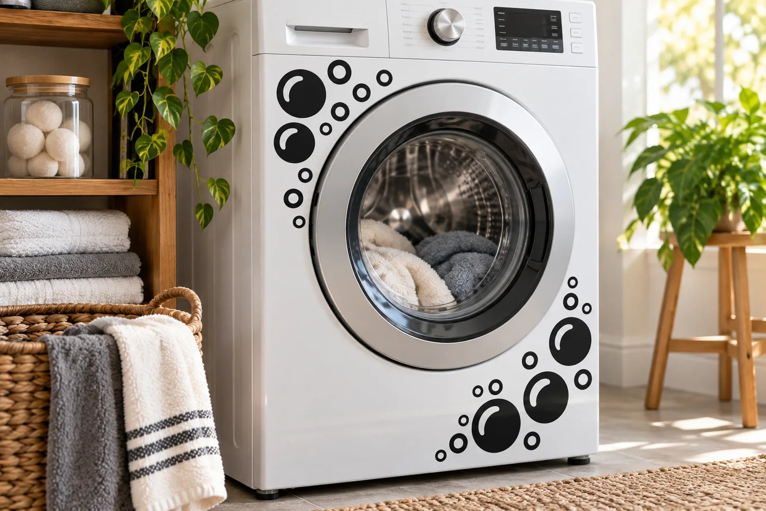 Illustrative Washing Machine Decals vinyl application in a realistic separate close-up lifestyle scene.
