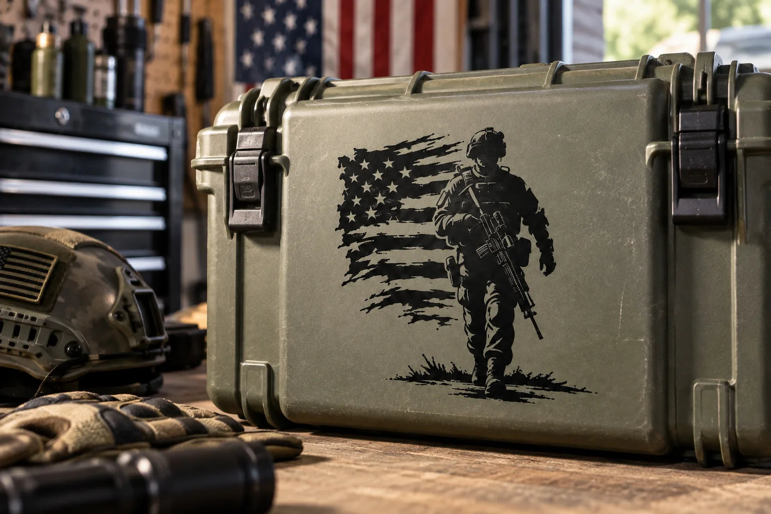 Illustrative Army Decals vinyl application in a realistic separate close-up lifestyle scene.
