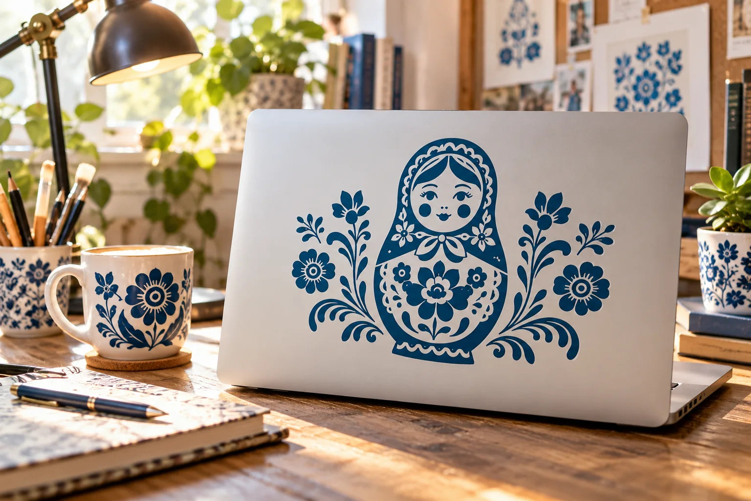 Illustrative Russian Folk Decals vinyl application in a realistic separate close-up lifestyle scene.