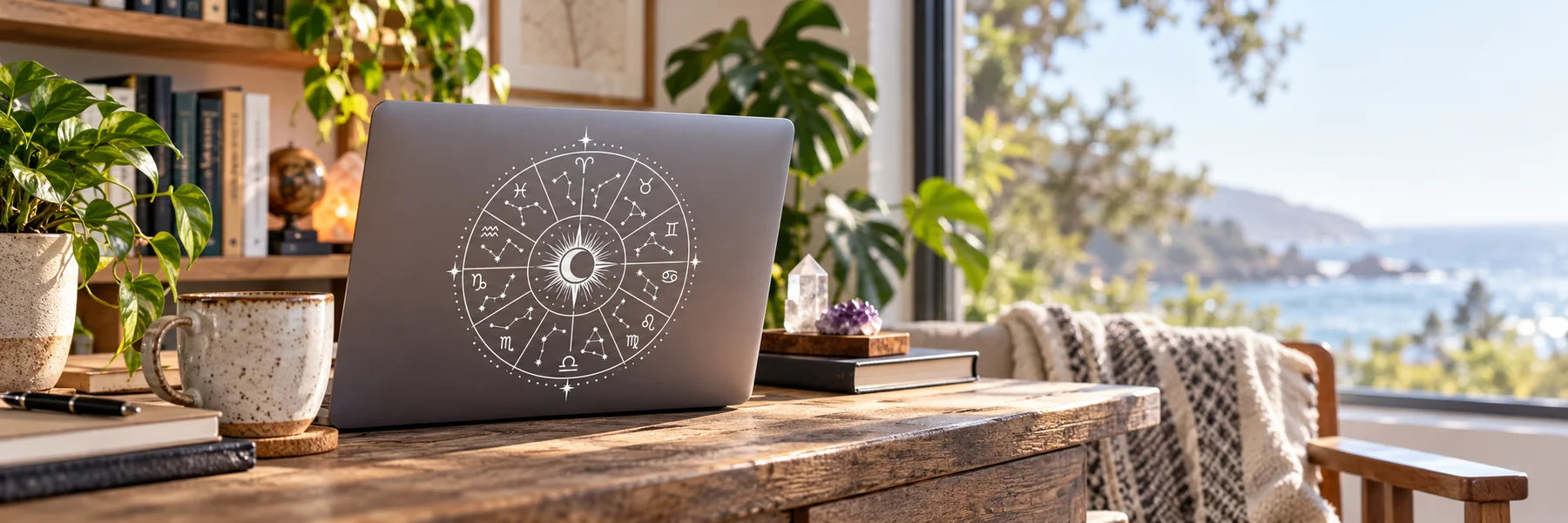 Illustrative Zodiac Symbol Decals vinyl application in a realistic panoramic lifestyle scene.