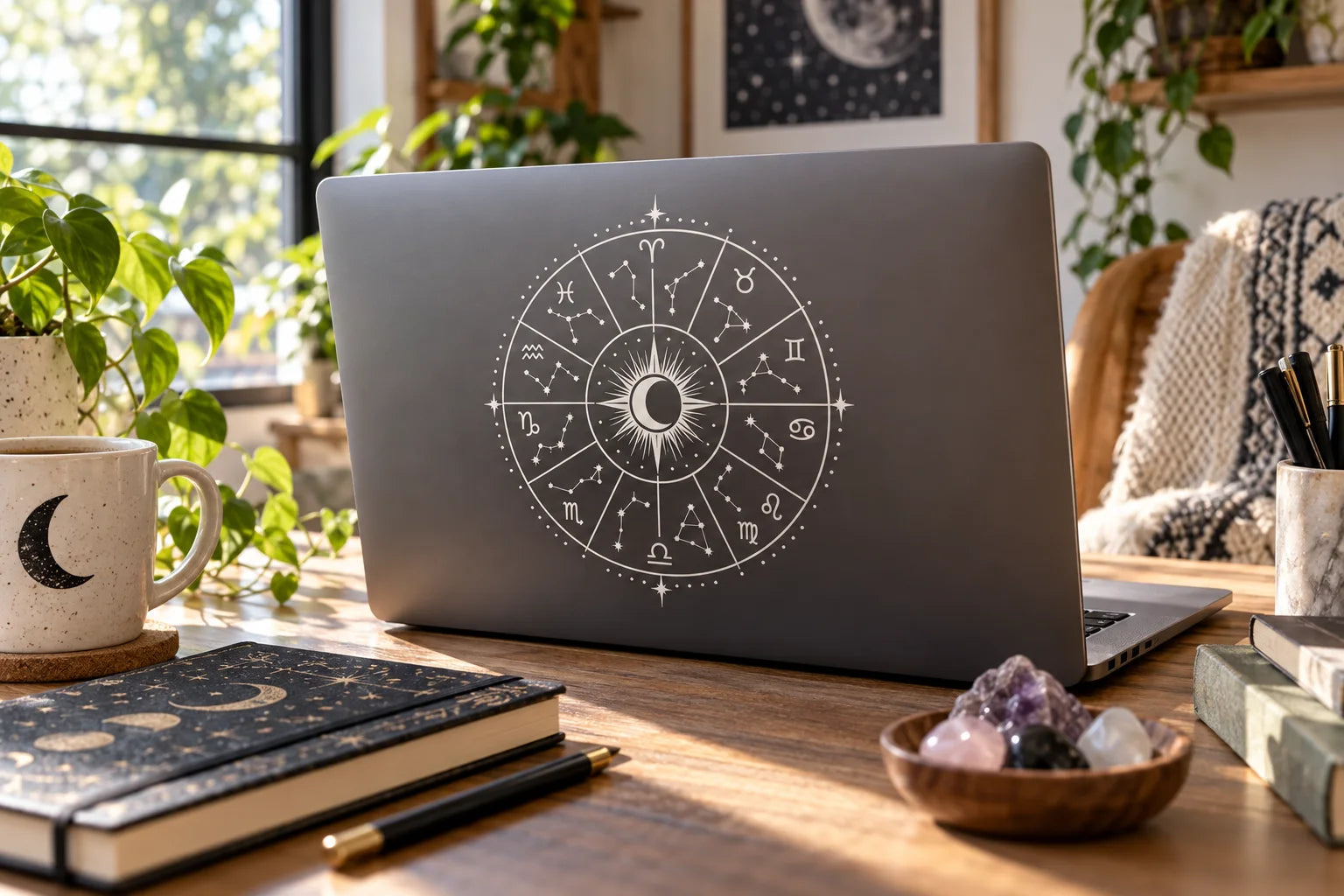 Illustrative Zodiac Symbol Decals vinyl application in a realistic separate close-up lifestyle scene.