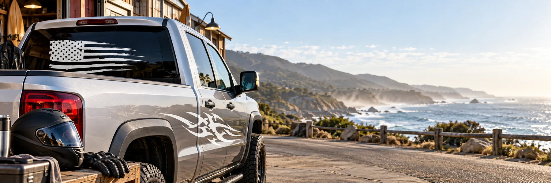 Illustrative auto and vehicle decals vinyl applications in a realistic lifestyle scene.