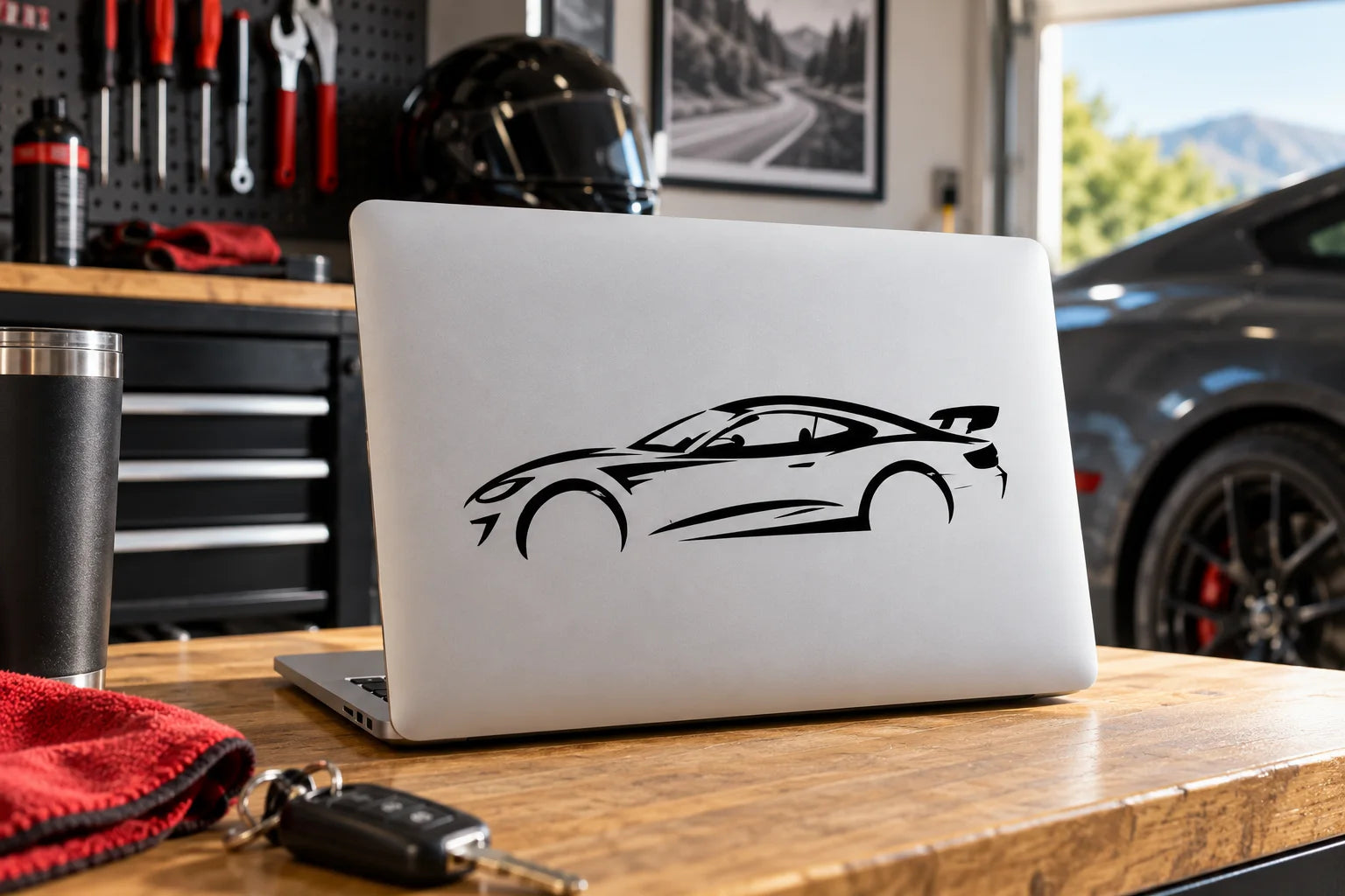 Illustrative Auto and Vehicle Decals vinyl application in a realistic separate close-up lifestyle scene.