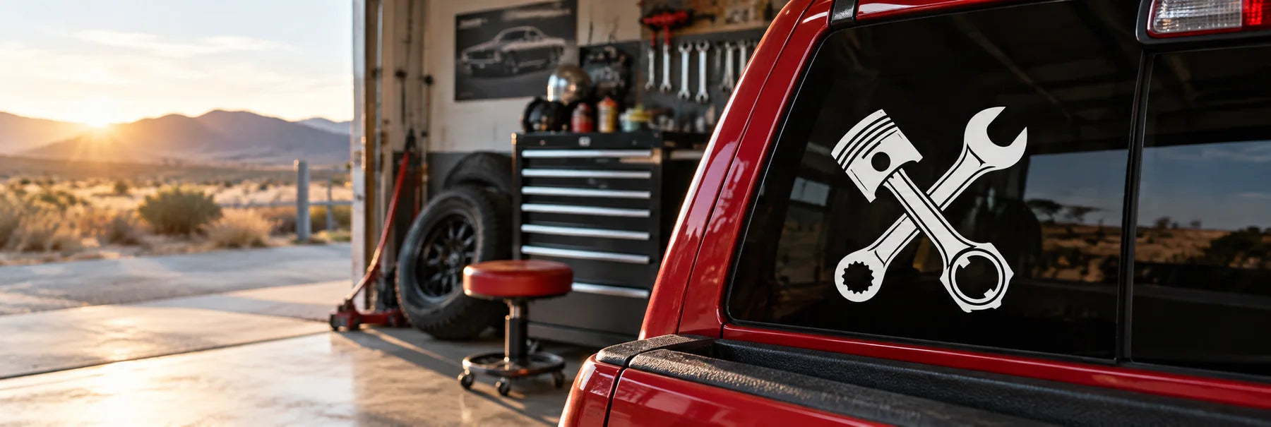 Illustrative Auto Shop Decals vinyl application in a realistic panoramic lifestyle scene.