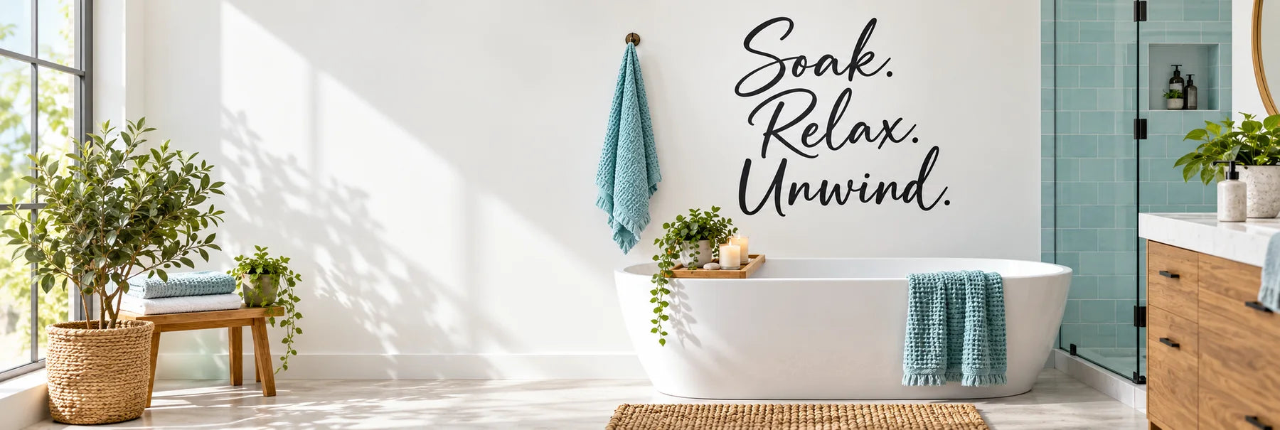 Illustrative Bathroom Quote Decals vinyl application in a realistic panoramic lifestyle scene.