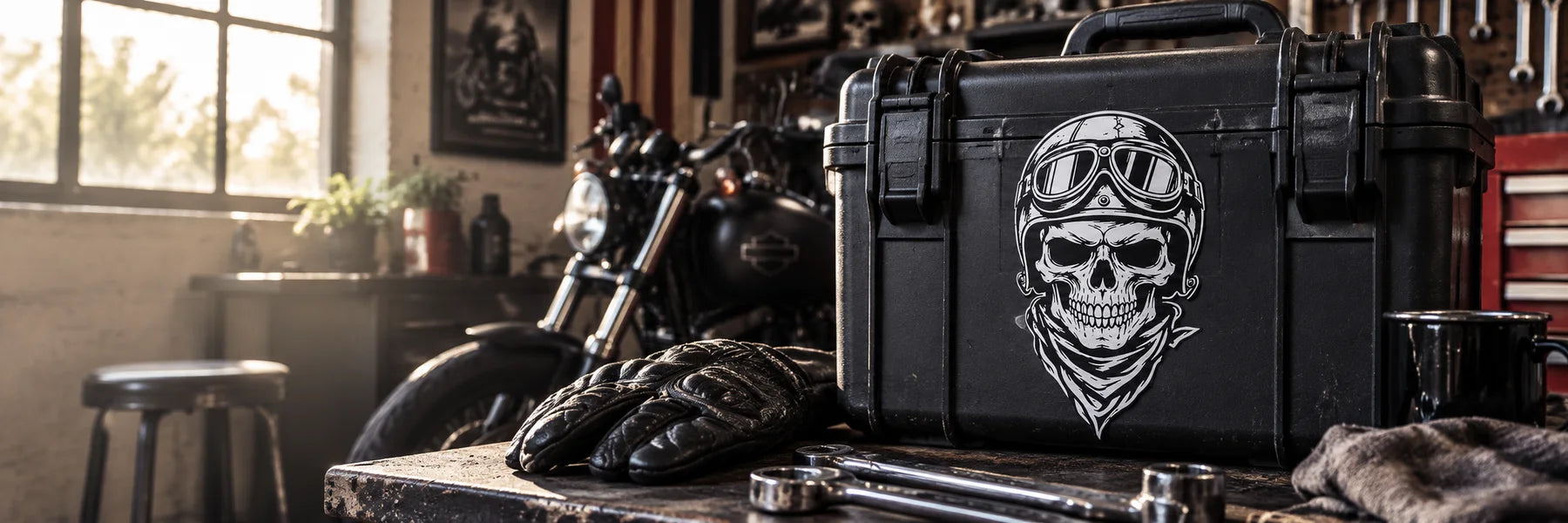 Illustrative Biker Skull Decals vinyl application in a realistic panoramic lifestyle scene.