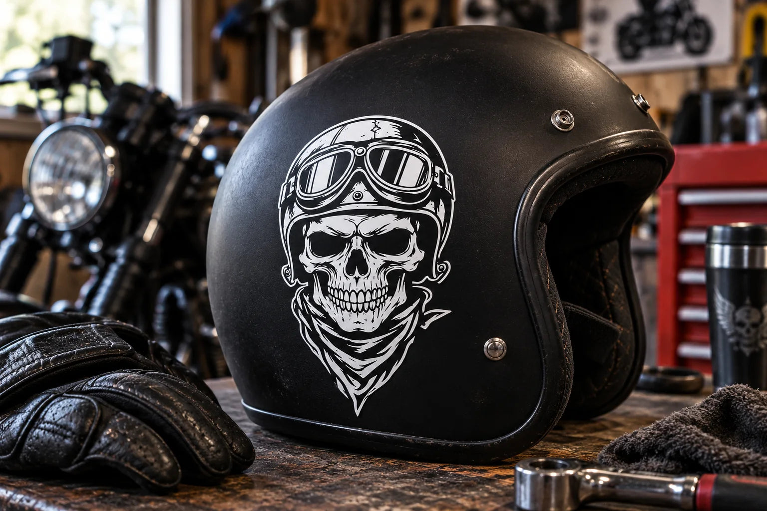 Illustrative Biker Skull Decals vinyl application in a realistic separate close-up lifestyle scene.