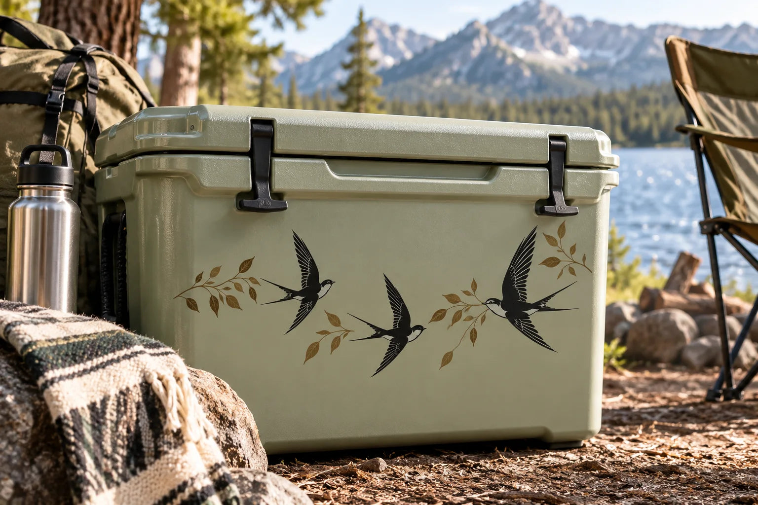 Illustrative Bird Design & Accent Decals vinyl application in a realistic separate close-up lifestyle scene.