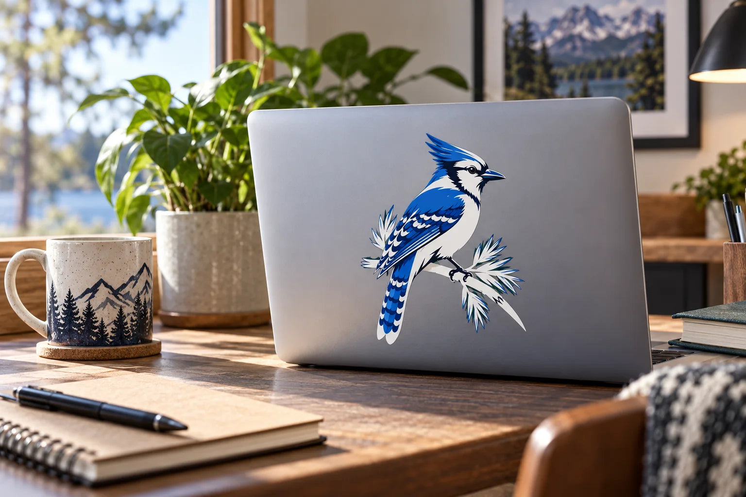 Illustrative Blue Jay Decals vinyl application in a realistic separate close-up lifestyle scene.