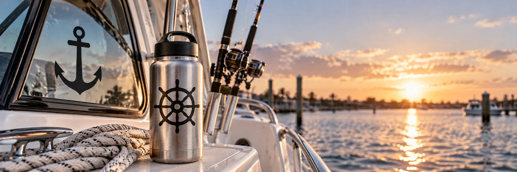 Illustrative Boat Equipment Decals vinyl application in a realistic panoramic lifestyle scene.