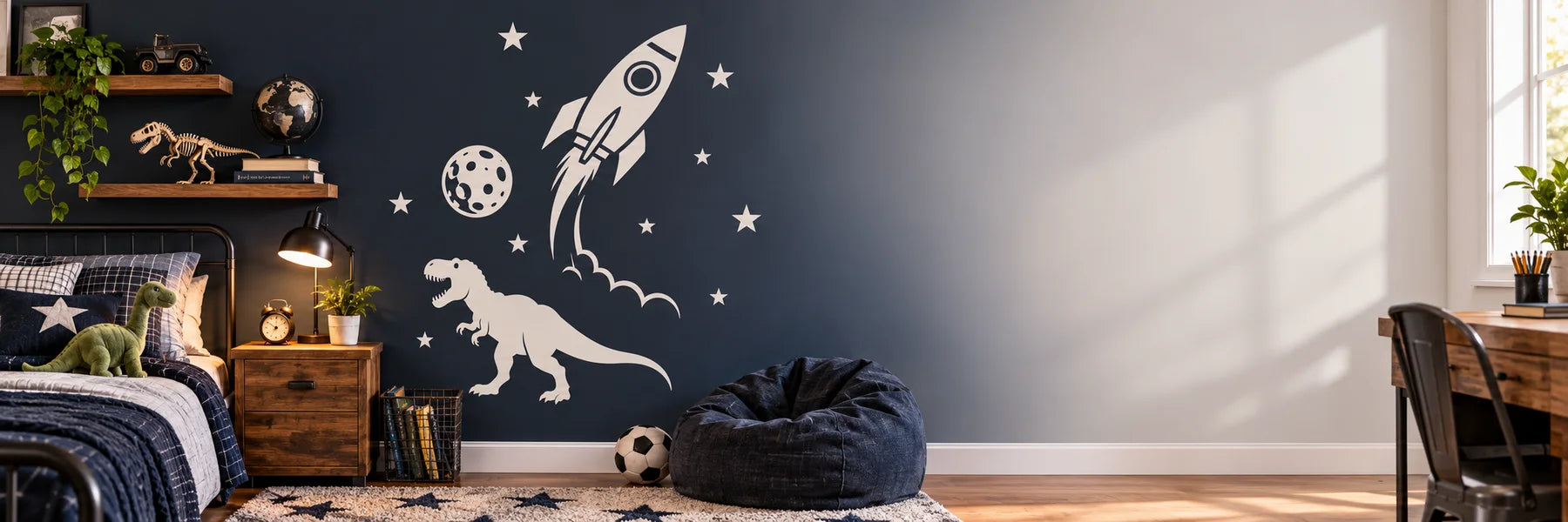 Illustrative Boys Room Decals vinyl application in a realistic panoramic lifestyle scene.
