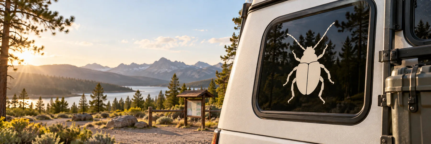 Illustrative Bug Decals vinyl application in a realistic panoramic lifestyle scene.
