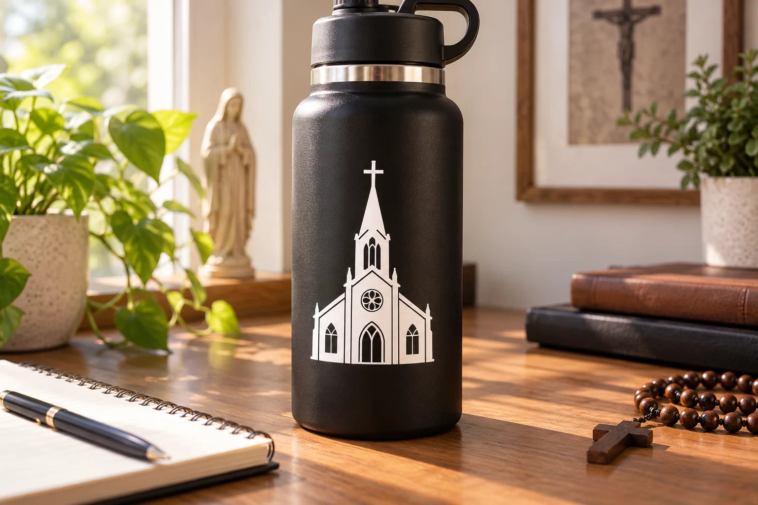 Illustrative Catholic Church Decals vinyl application in a realistic separate close-up lifestyle scene.