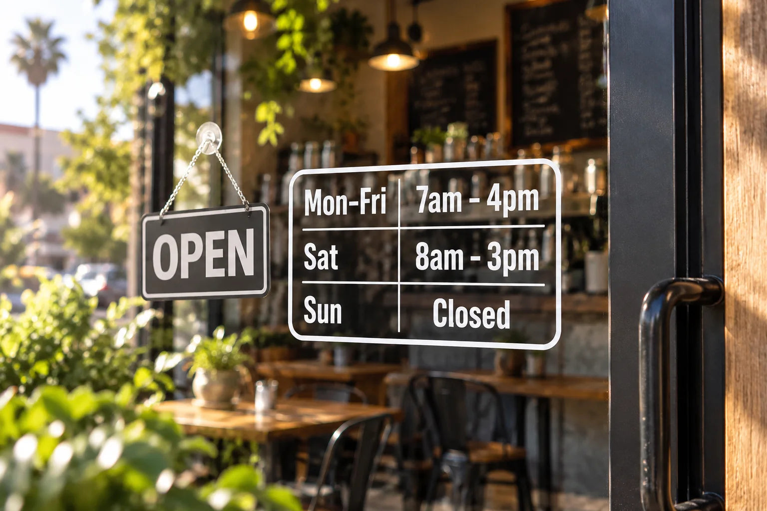 Illustrative Business Hour Decals vinyl application in a realistic separate close-up lifestyle scene.