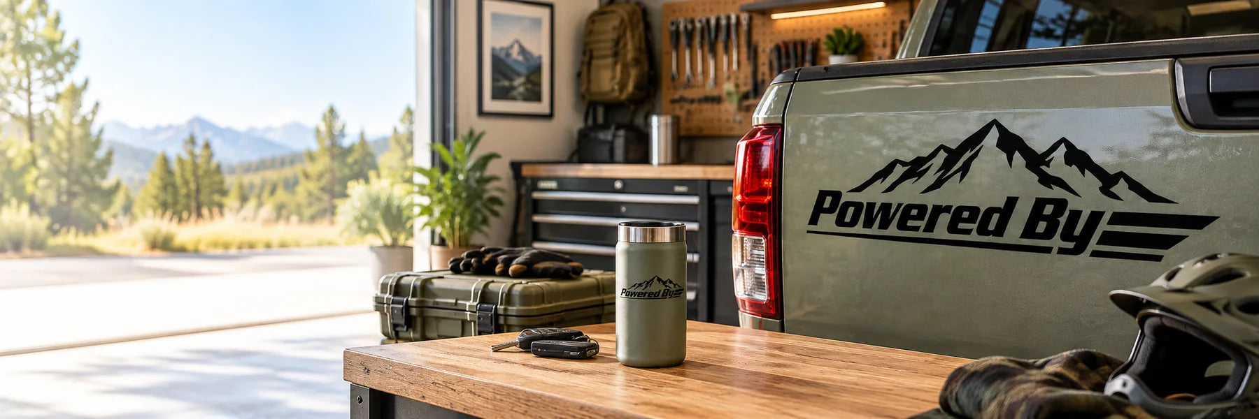 Illustrative Powered By Decals vinyl application in a realistic panoramic lifestyle scene.